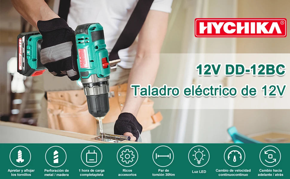 Taladro Atornillador HYCHIKA 12V | 30N·m, 2 Velocidades, 25 Accesorios y LED