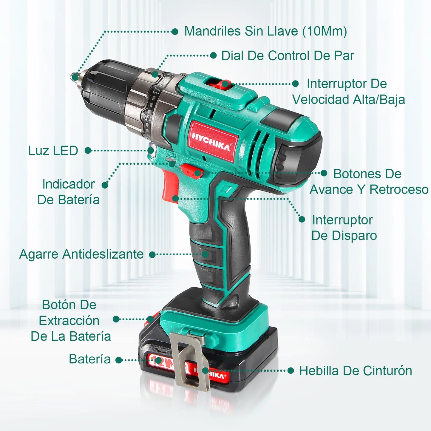 Taladro Atornillador HYCHIKA 12V | 30N·m, 2 Velocidades, 25 Accesorios y LED