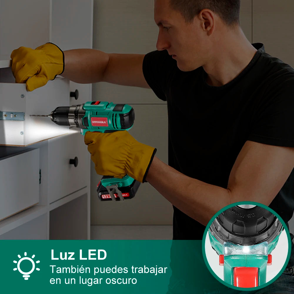Taladro Atornillador HYCHIKA 12V | 30N·m, 2 Velocidades, 25 Accesorios y LED