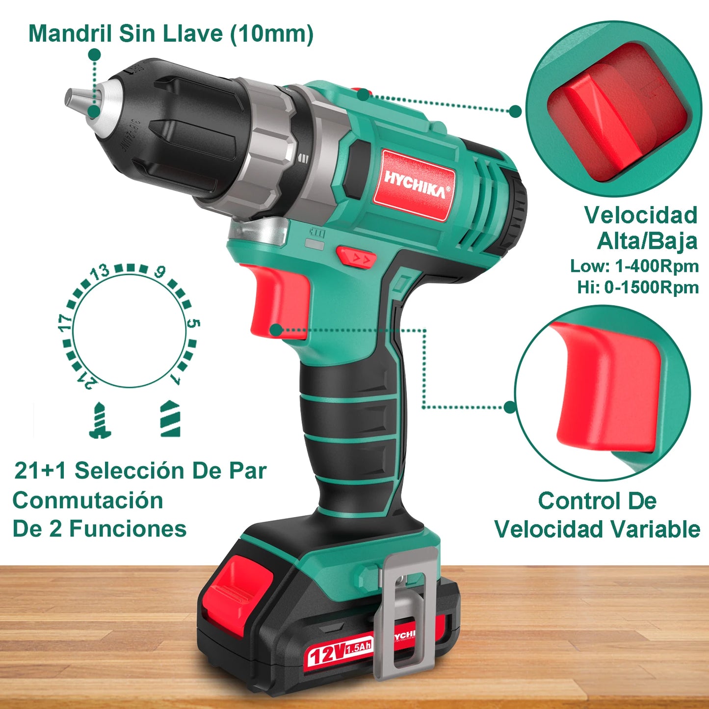 Taladro Atornillador HYCHIKA 12V | 30N·m, 2 Velocidades, 25 Accesorios y LED