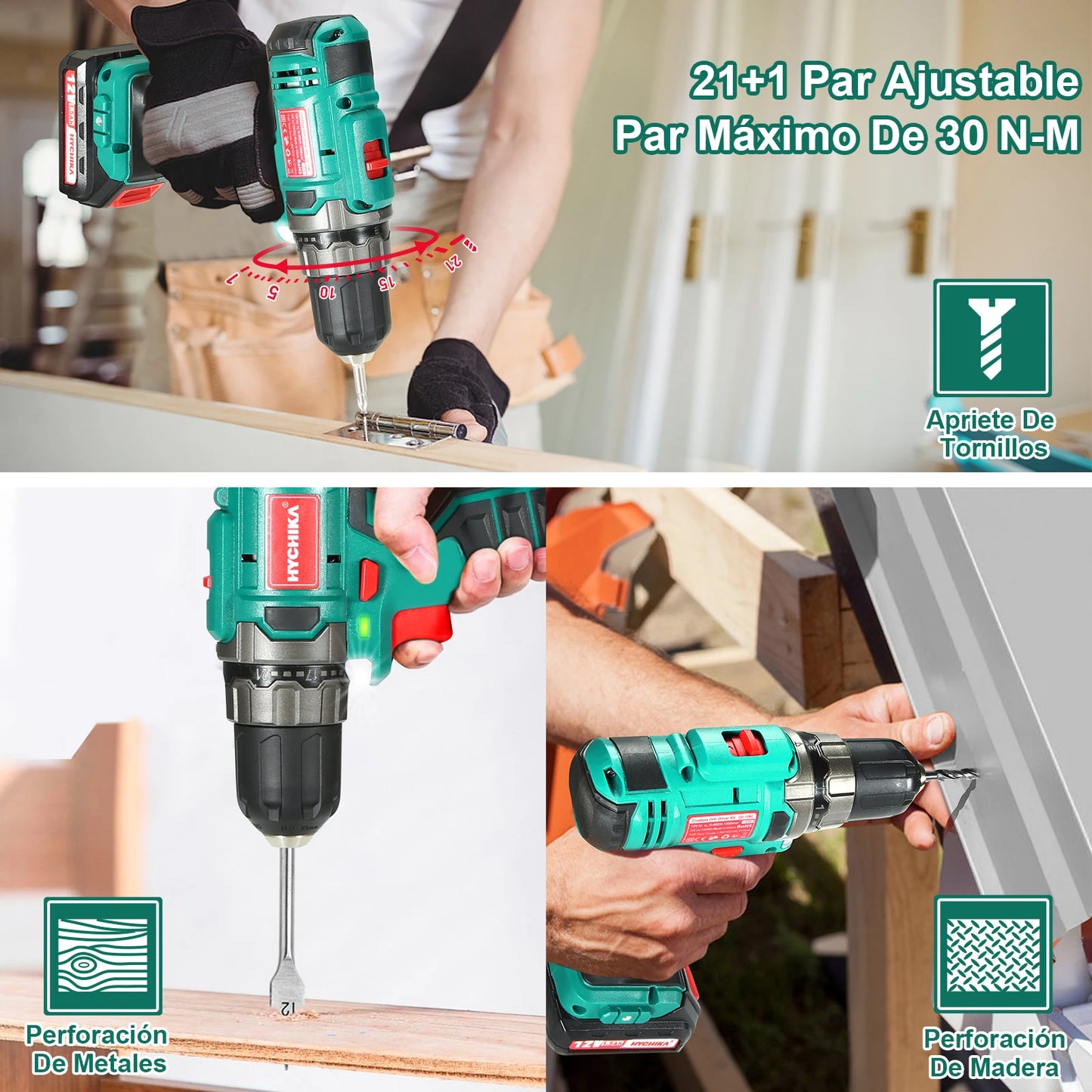 Taladro Atornillador HYCHIKA 12V | 30N·m, 2 Velocidades, 25 Accesorios y LED