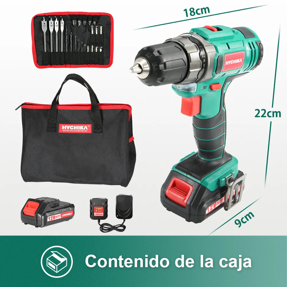 Taladro Atornillador HYCHIKA 12V | 30N·m, 2 Velocidades, 25 Accesorios y LED