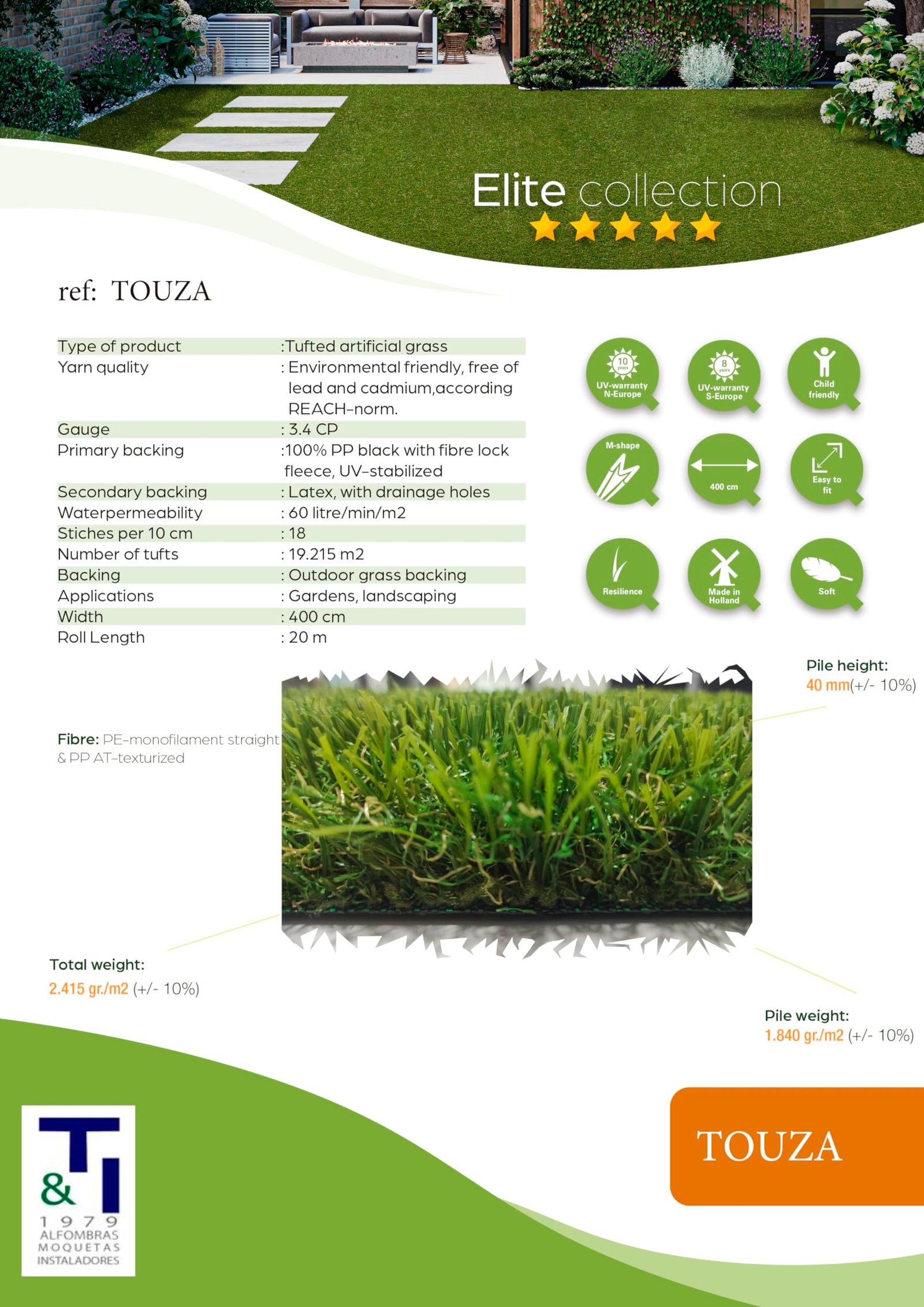 Césped Artificial 1x5 m | 40 mm, Decorativo, Resistente y Fácil de Instalar